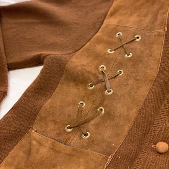Vintage Oversized Knit Cardigan Sweater with Suede Panels and Lace Up Detail - Picture 7 of 16